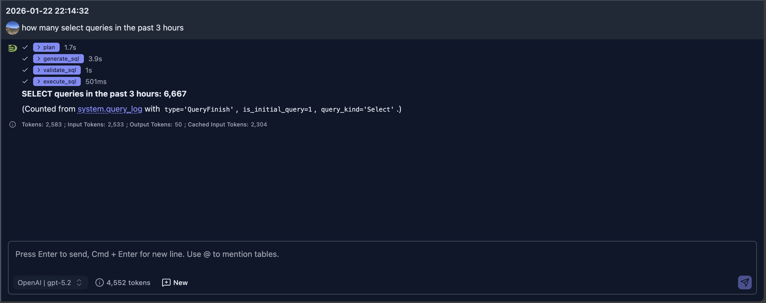 Natural language query result showing count of SELECT queries from system.query_log over the past 3 hours