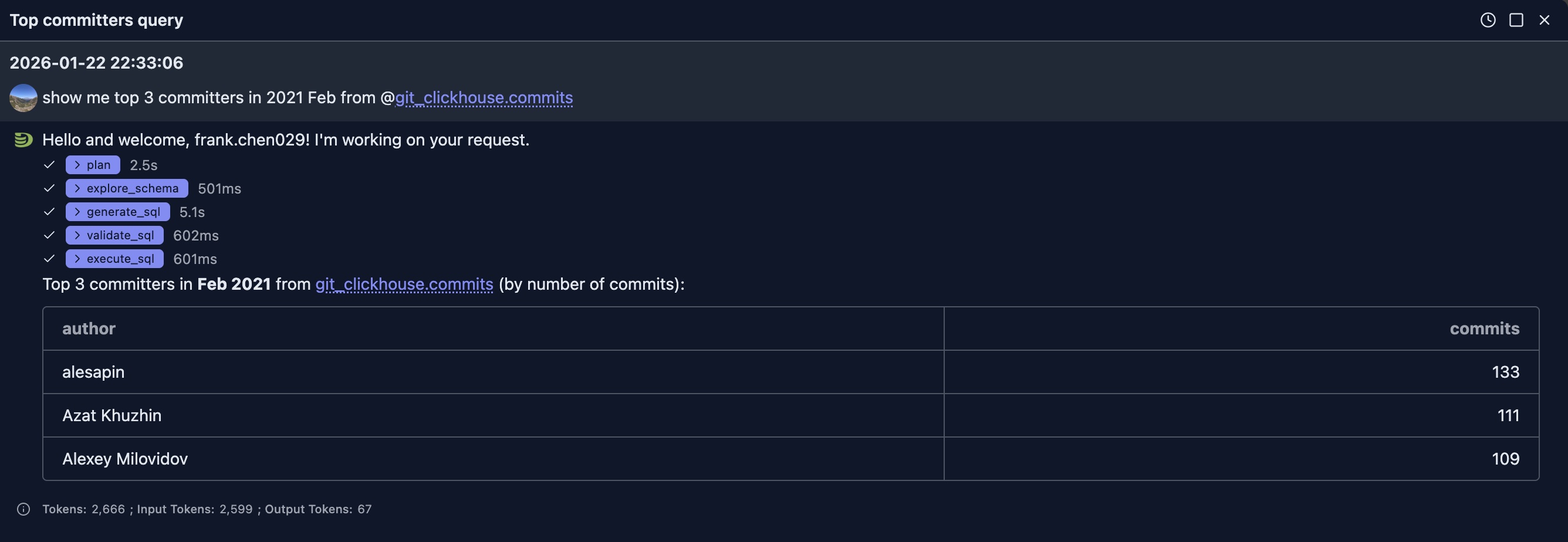 Natural language query showing top 3 committers in February 2021 from git_clickhouse.commits table with results in table format