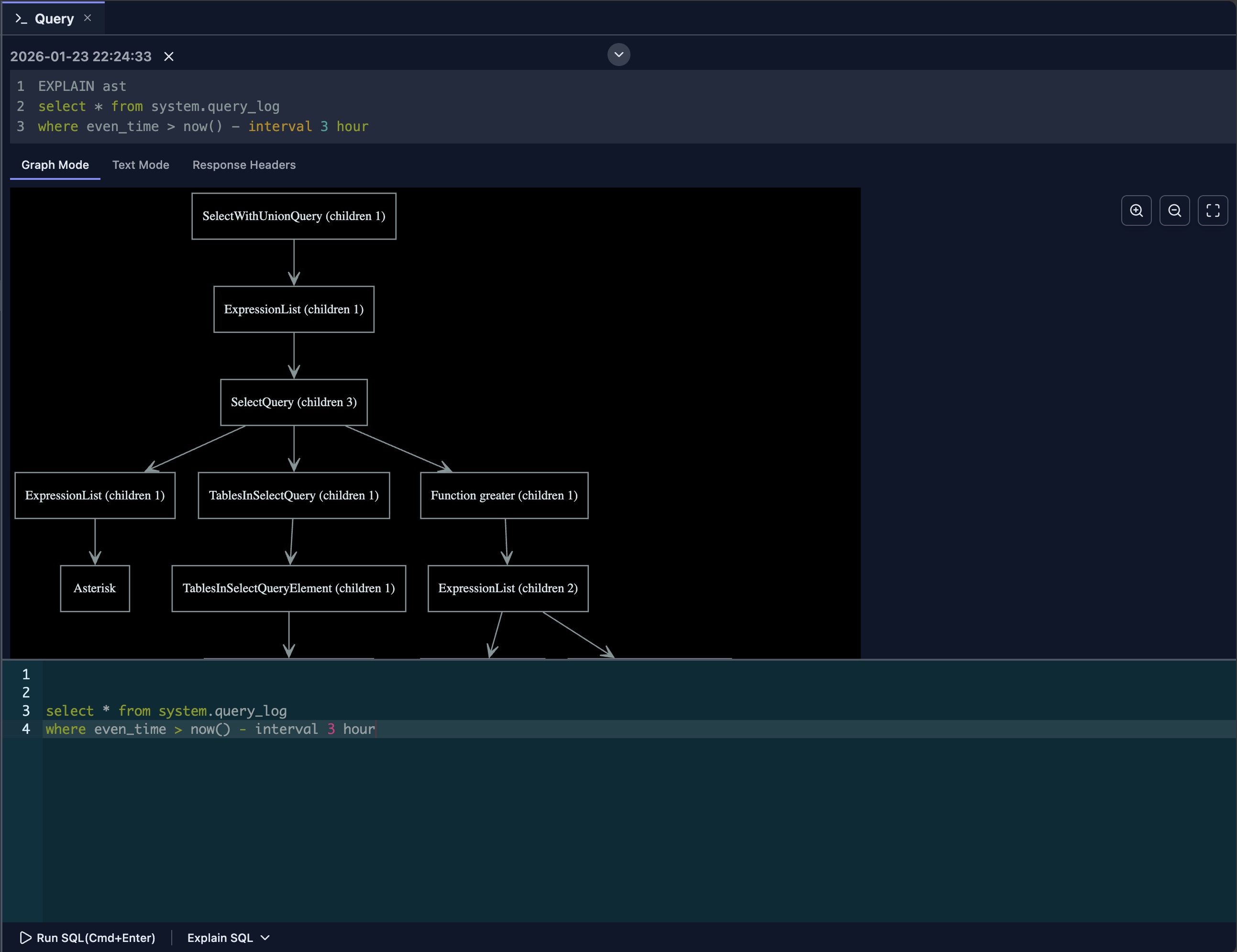 EXPLAIN AST graphical tree view showing abstract syntax tree structure of a parsed SQL query