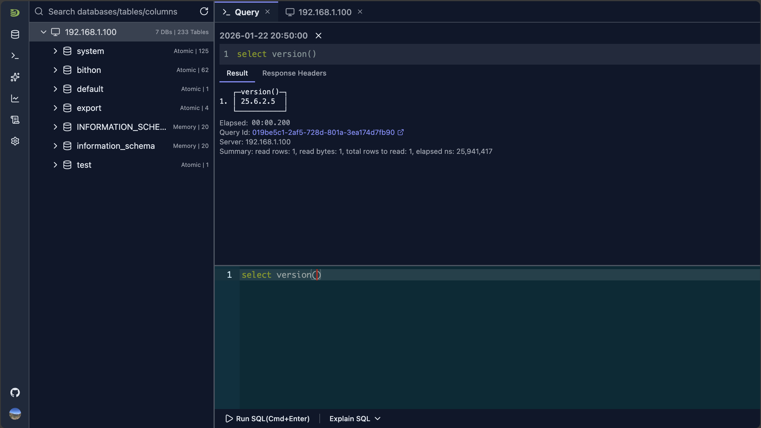 Query editor displaying first SQL query execution with results table showing data from ClickHouse