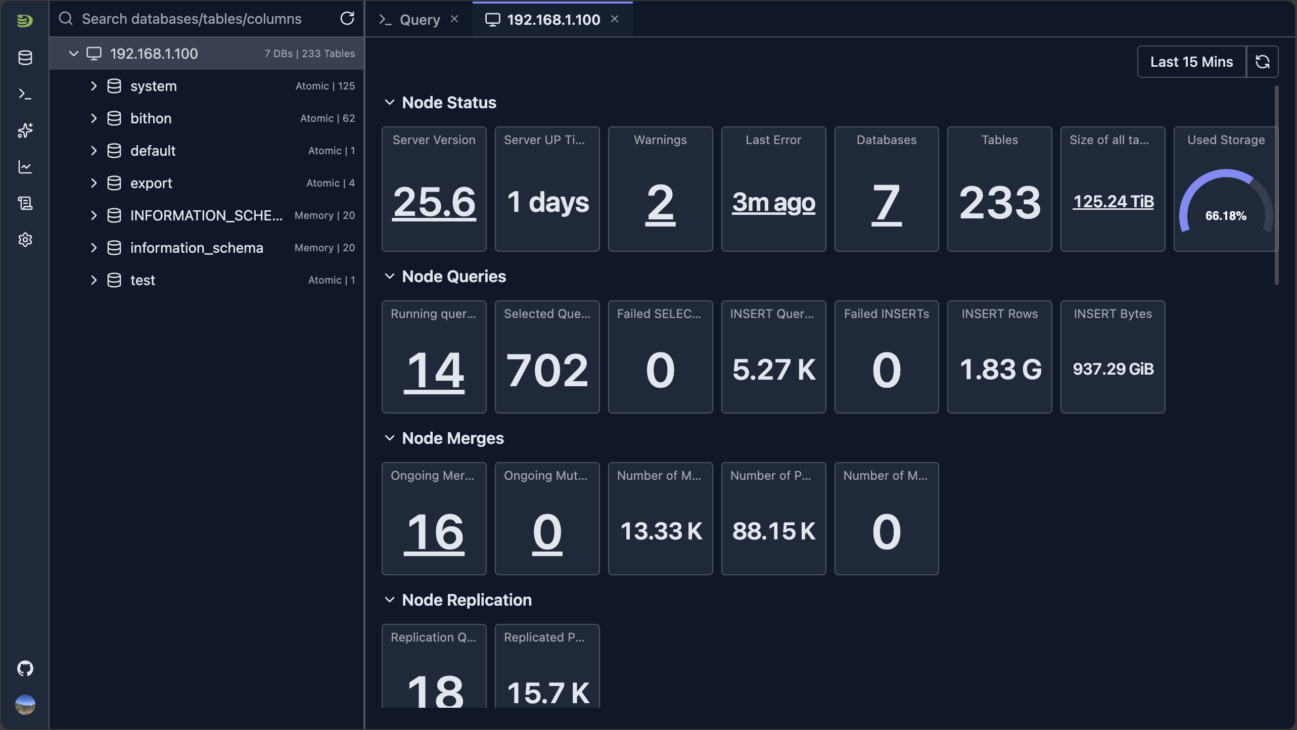 DataStoria main interface showing sidebar navigation, schema tree, query editor, and dashboard components