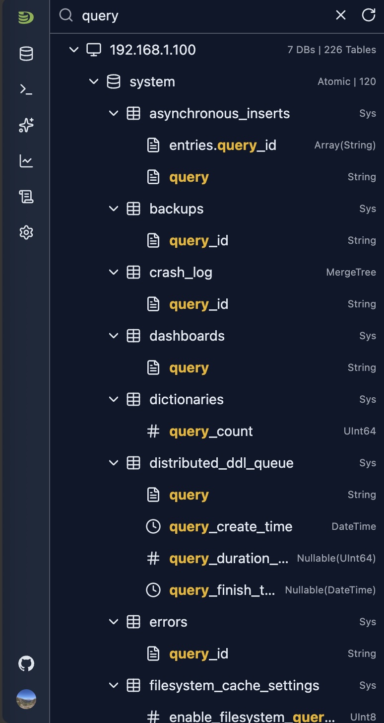 Schema explorer search results showing databases, tables, and columns containing the keyword 'query'