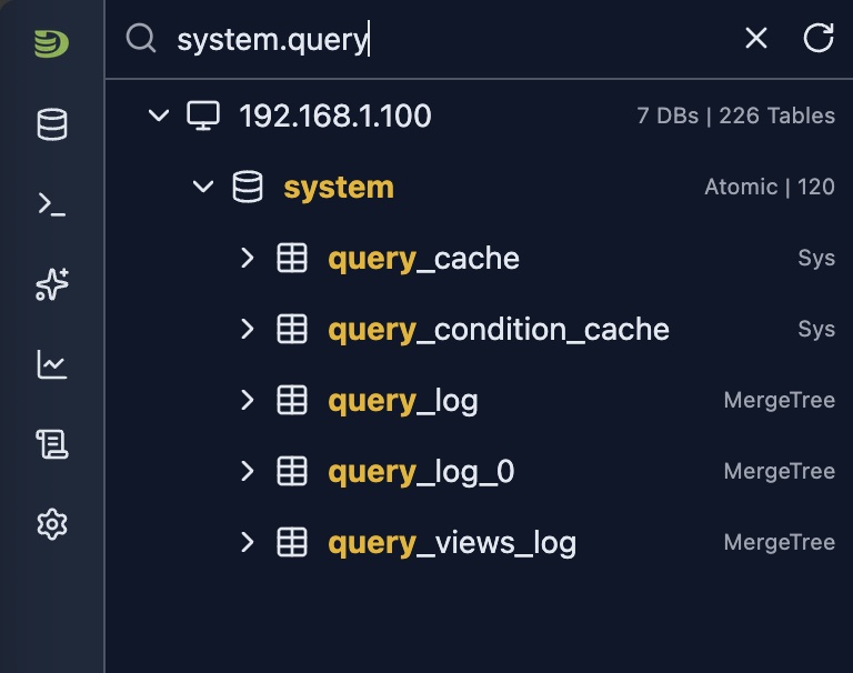 Schema explorer DOT mode search showing tables within a specific database using dot notation