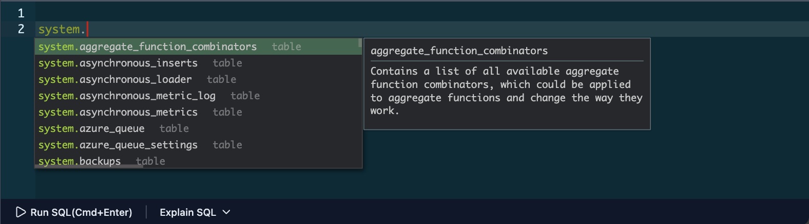 Auto-completion dropdown showing available table suggestions in the current database