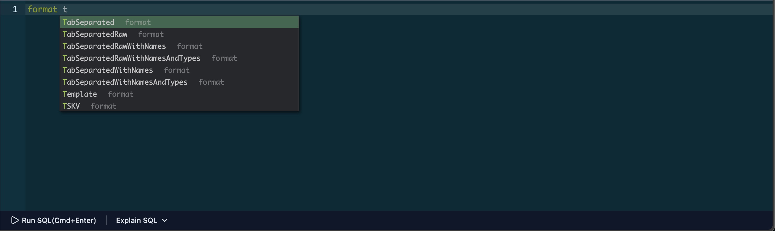 FORMAT clause auto-completion displaying all supported ClickHouse input and output formats
