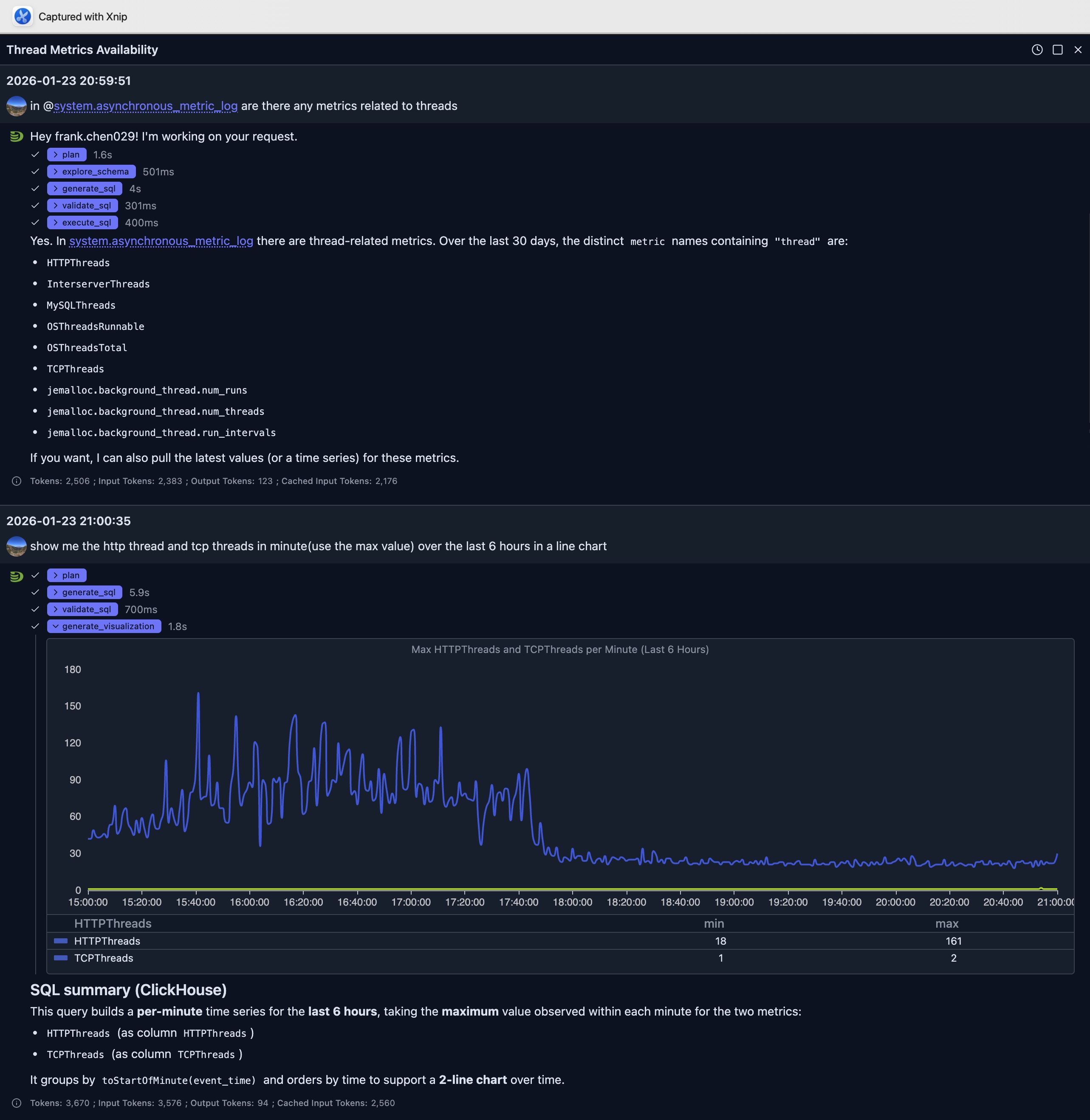 AI-generated visualization showing thread metrics from ClickHouse system.asynchronous_metric_log table with multiple conversation rounds